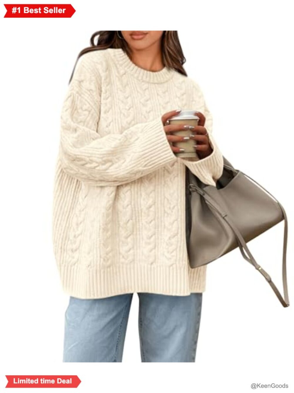 Oversized Cable Knit Crewneck Sweater Pullover